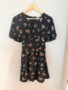 Black Floral Polka Dot Fit-and-Flare Dress